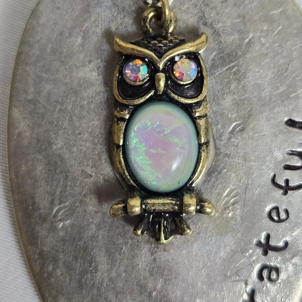 Spoon Pendant Necklace, Owl Charm, Iridescent stone/rhinestones,‎ 28